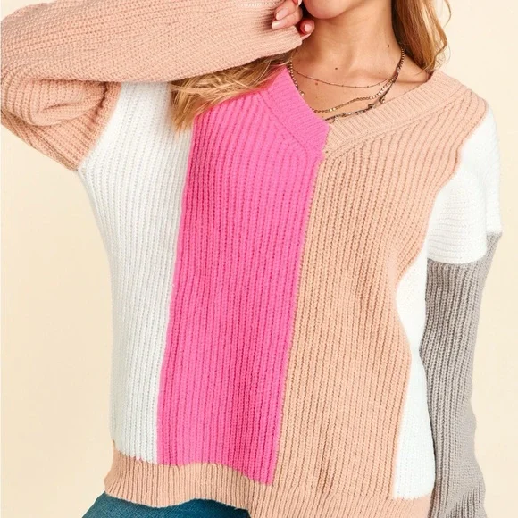 Color Block Knit V-Neck Pullover Relaxed Fit Sweater, Pink/Gray/Tan/White, S-M-L - Picture 3 of 10